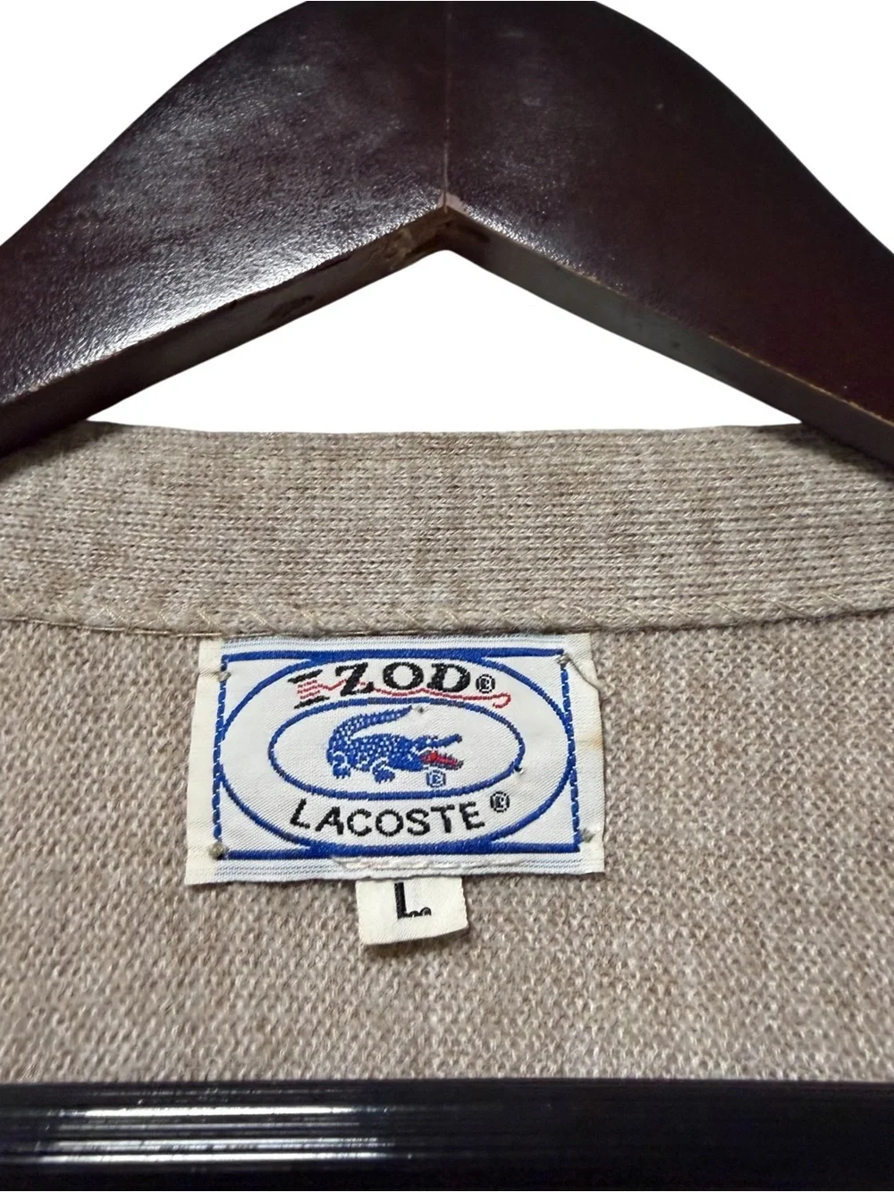 Vintage 80s Izod Lacoste Cardigan Tan Blue Label Mens Size L Preppy Kurt Cobain